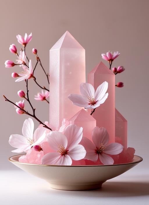 桜とローズクォーツを組み合わせた生け花